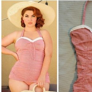 Unique Vintage Red White Striped One Piece Bathing Suit 2XL